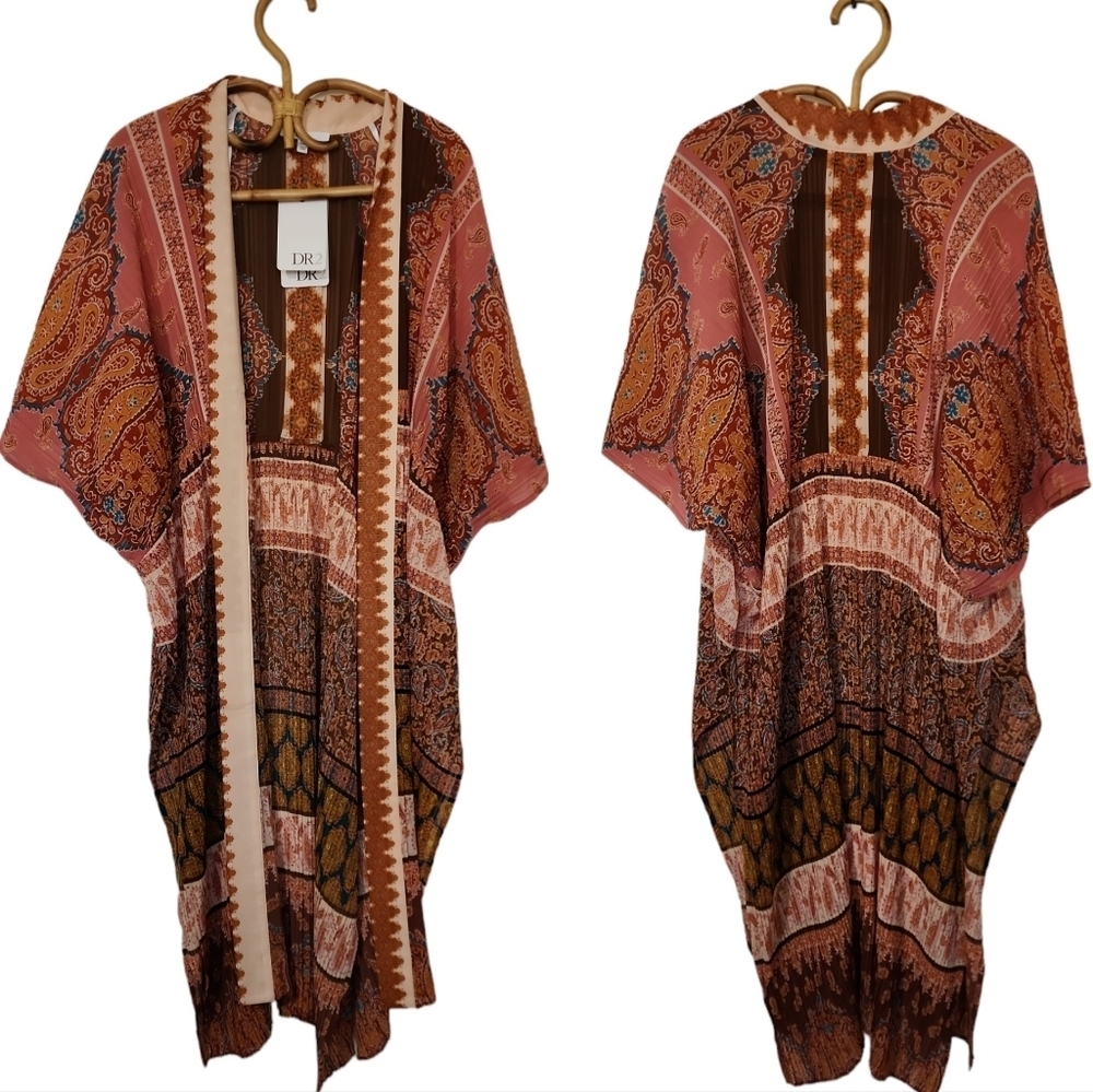 NWT DR2 Bohemian Open Front Kimono Wrap - Earthy Paisley Print - Picture 2 of 9